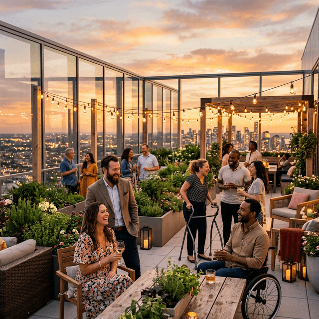 Premium community social rooftop gathering